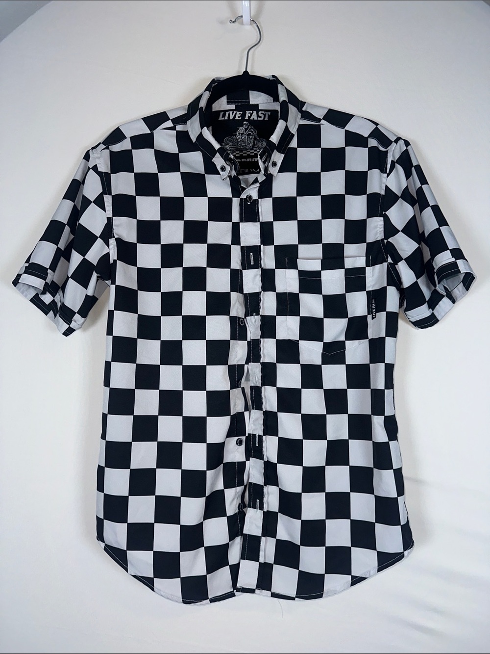 Live Fast The Drive Checkered Button Up Shirt Small Black White Streetwear